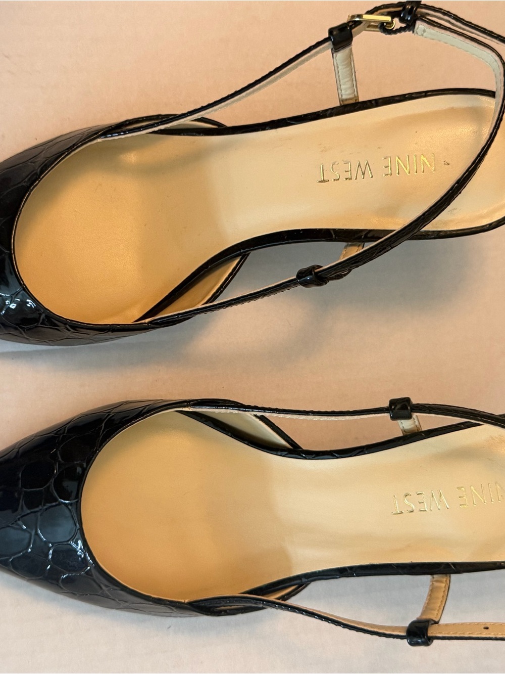 Nine West Black Croc-Embossed Patent Slingback Pumps